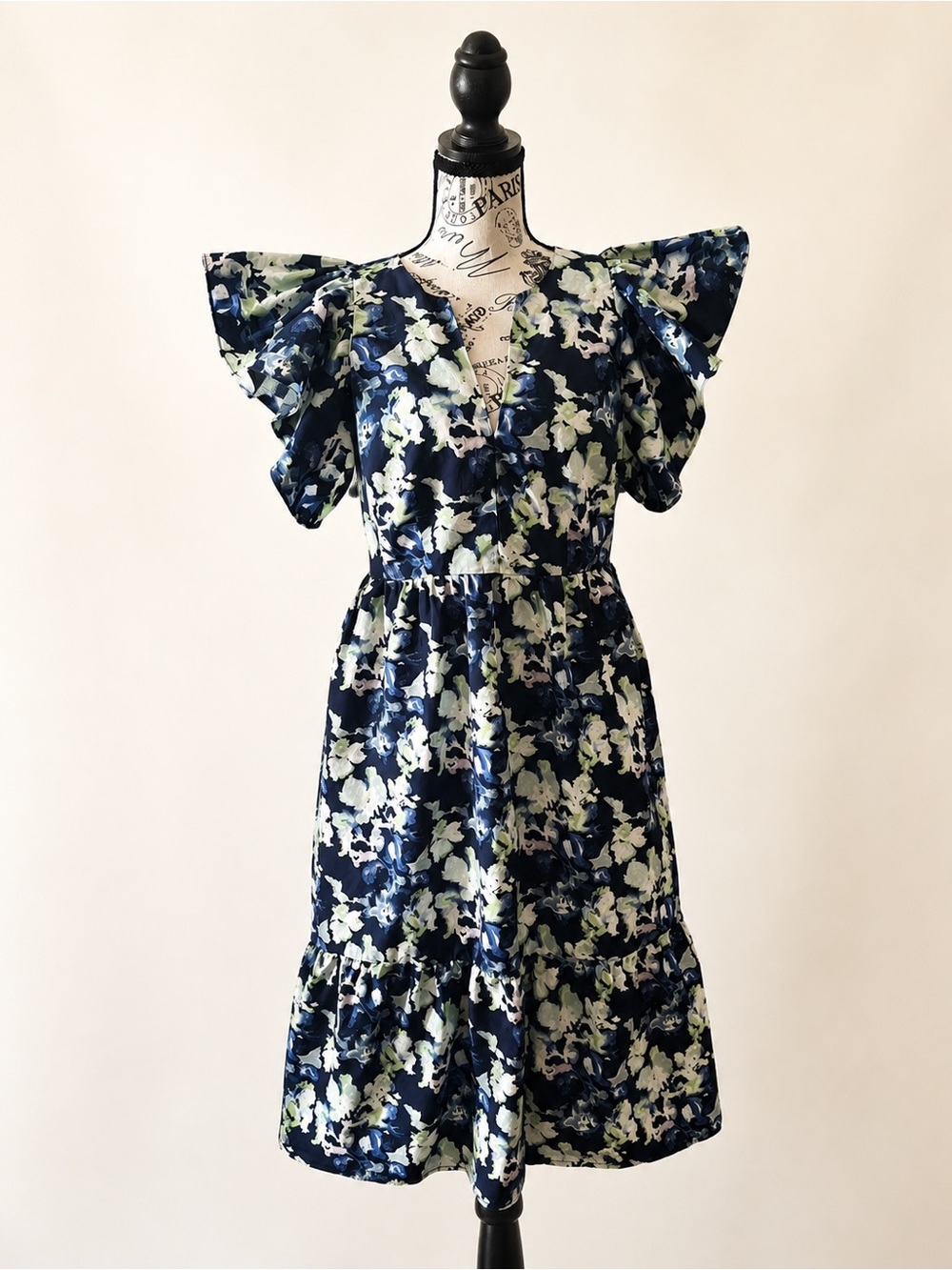 Navy Floral Ruffle Sleeve Dress
